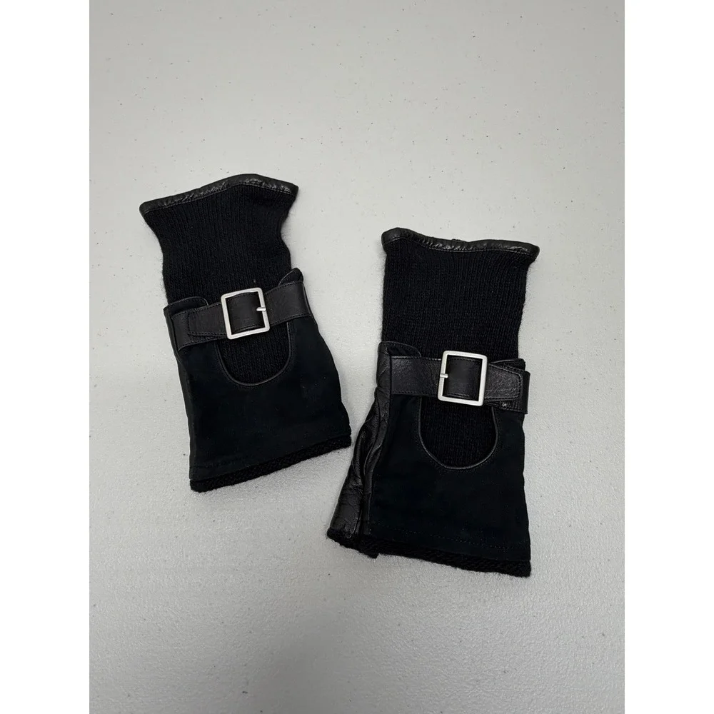 Carolina Amato Black Lambskin Leather Cashmere Wool Fingerless Buckle Gloves